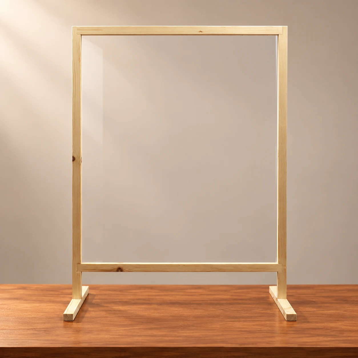 Mampara económica transparente sobre estructura de madera