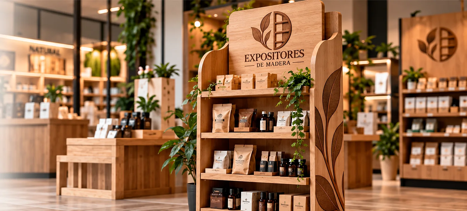 Expositor de madera personalizado en un entorno comercial